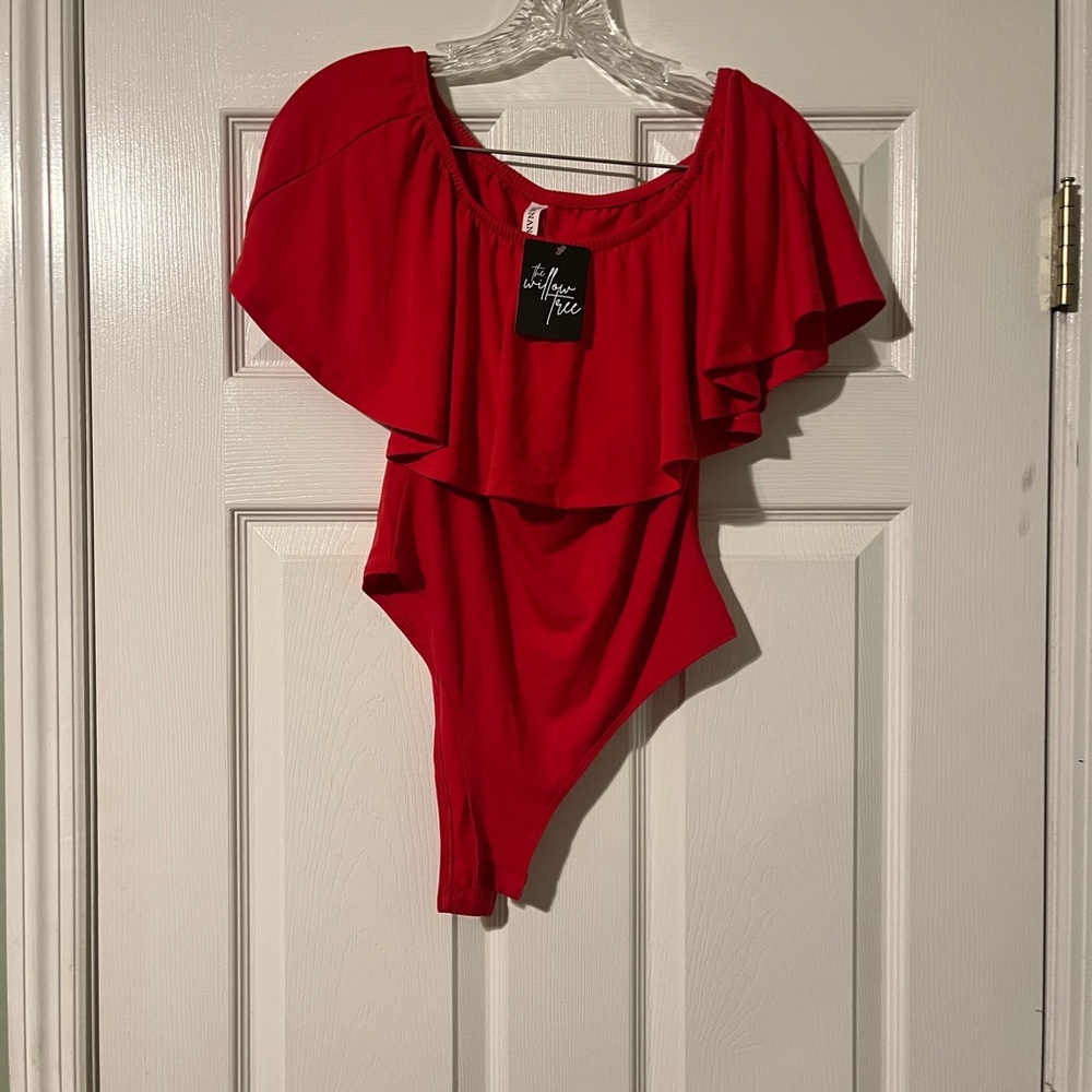 Zenana Outfitters Red Off-Shoulder Ruffle Bodysuit